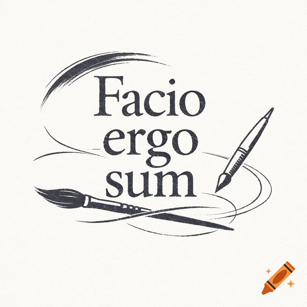 A vintage-style logo with "Facio ergo sum" in serif font, flanked by a paintbrush and a pen, on a textured background.