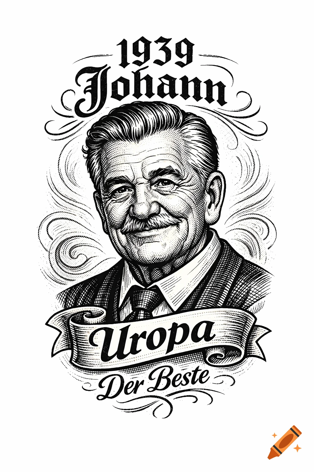 Black and white ink sketch portrait of a smiling older man with a mustache, surrounded by ornate swirls and text '1939 Johann Uropa Der Beste' on a banner.