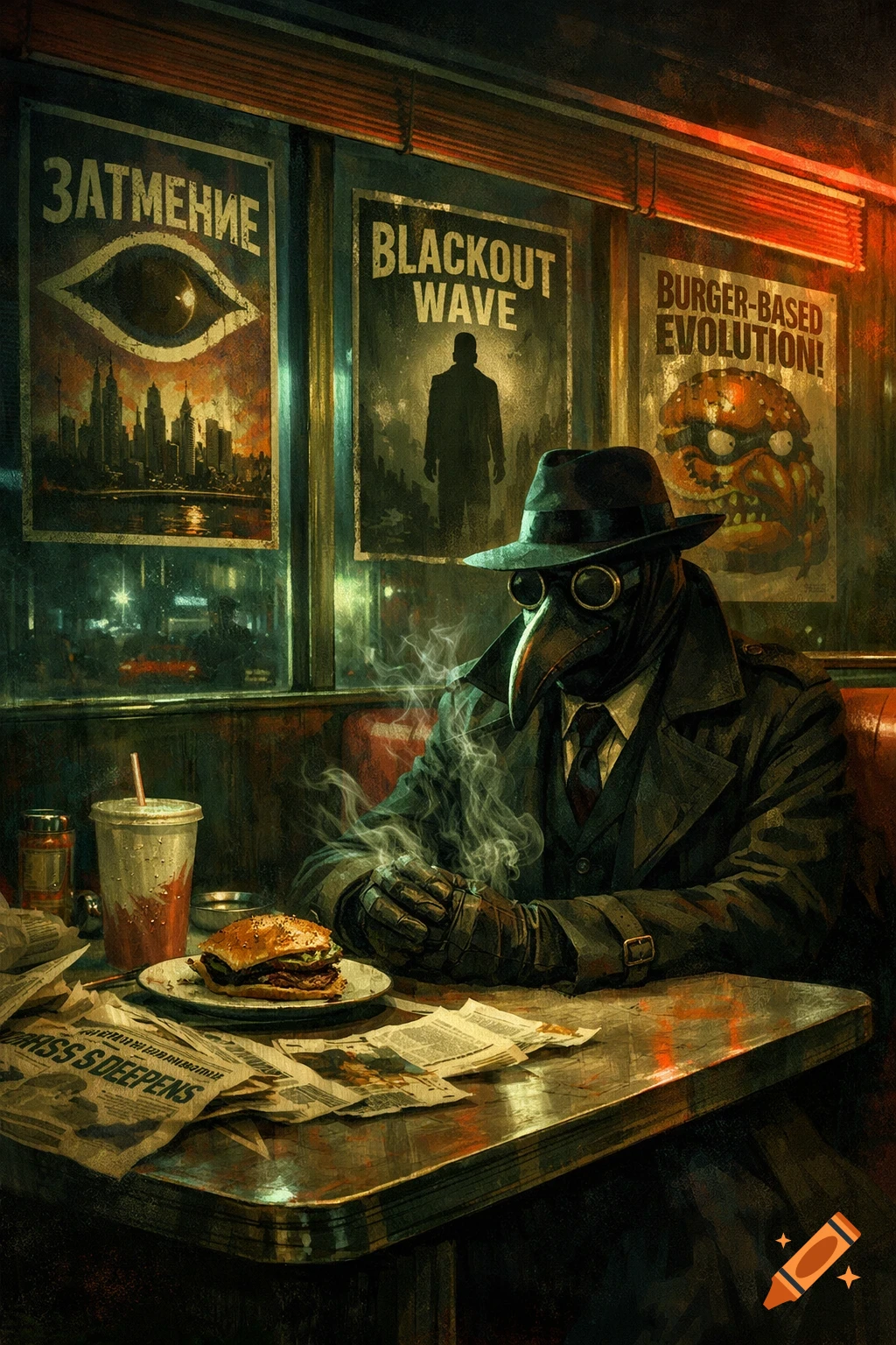 A mysterious plague doctor in a trench coat and fedora sits alone in a dark, retro diner booth, with steam rising from gloved hands. Surreal posters adorn the wall.