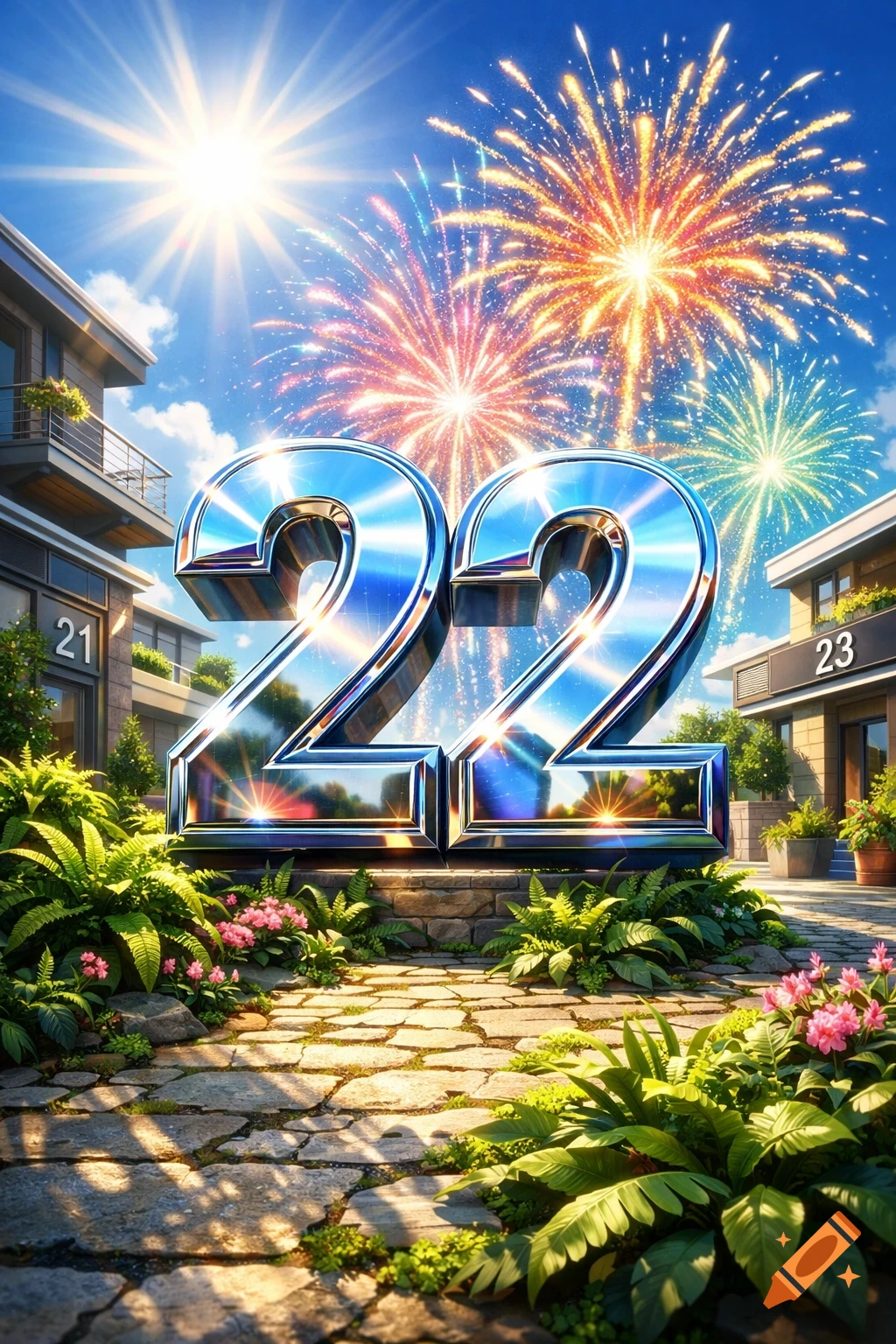 Large metallic '22' stands in a vibrant garden path, flanked by modern houses numbered '21' and '23', under a sky exploding with colorful fireworks.