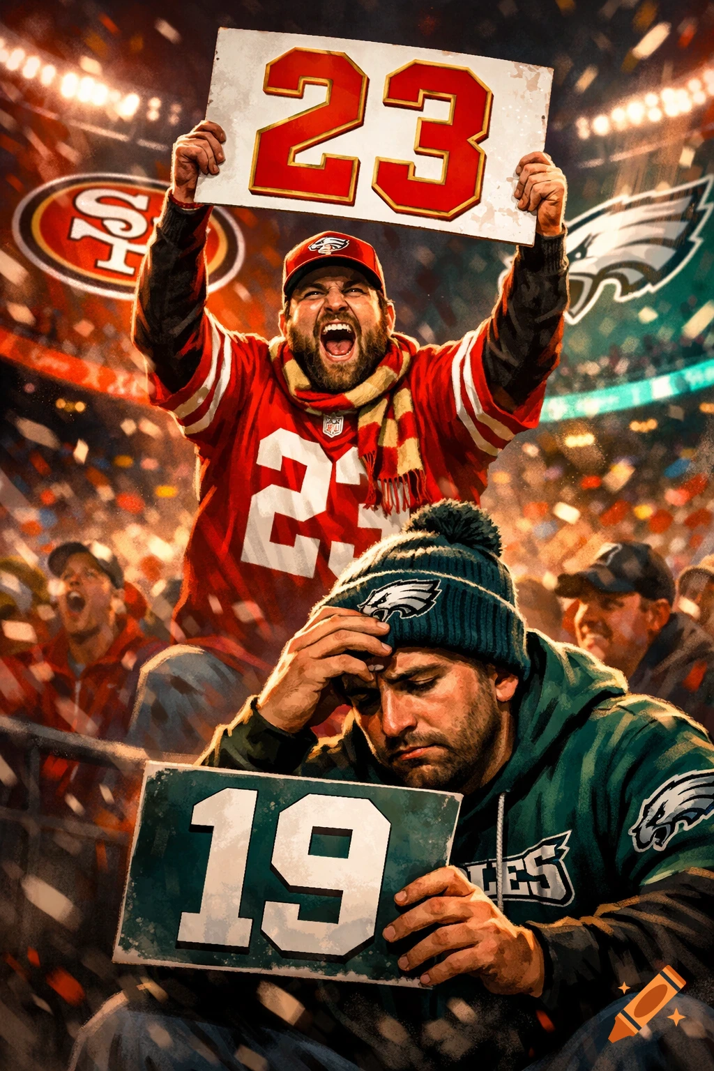 Jubilant 49ers fan holds a '23' sign above a dejected Eagles fan holding a '19' sign in a stadium, stylized.