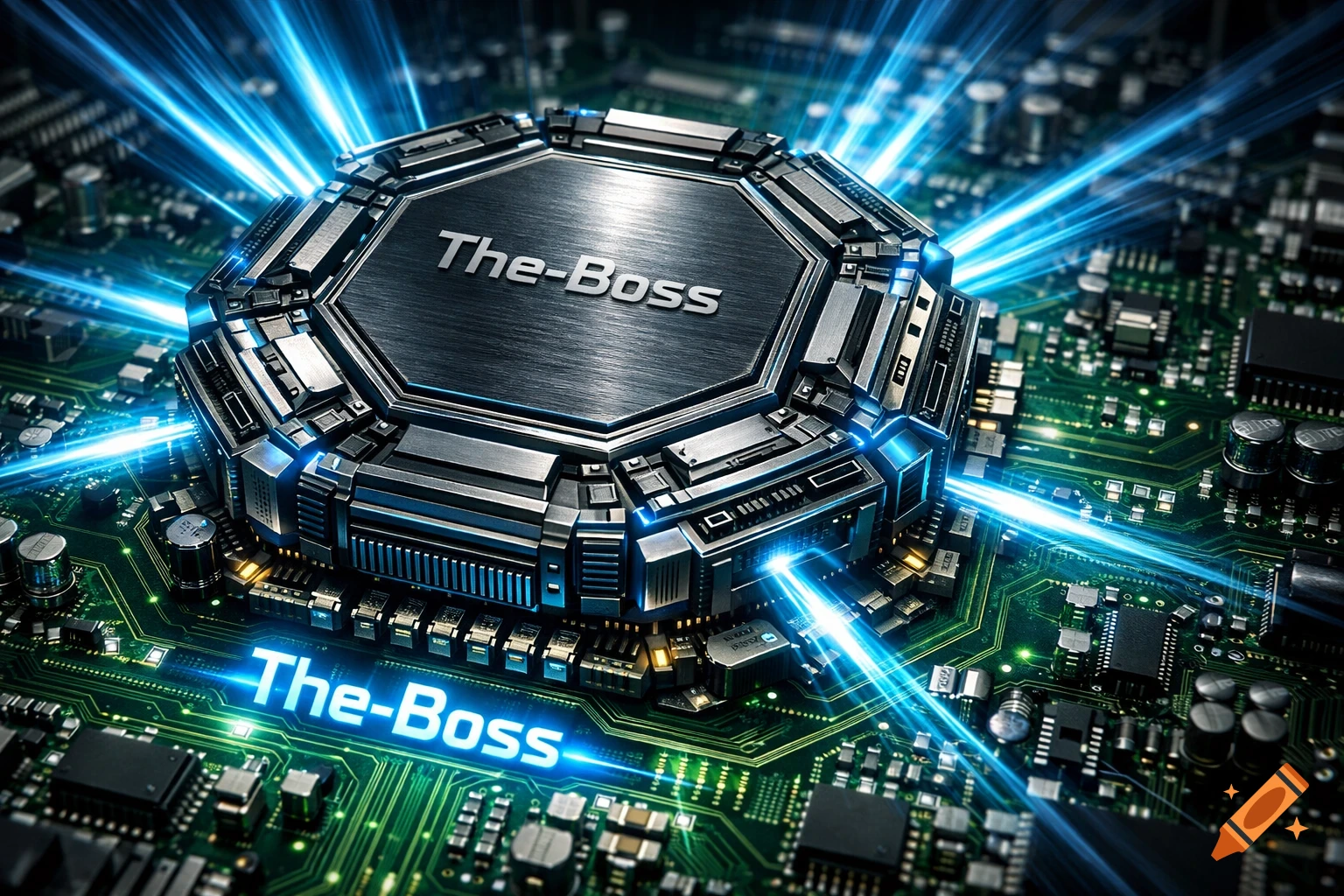 Octagonal super CPU on a green circuit board with glowing blue light rays and 'The-Boss' text.
