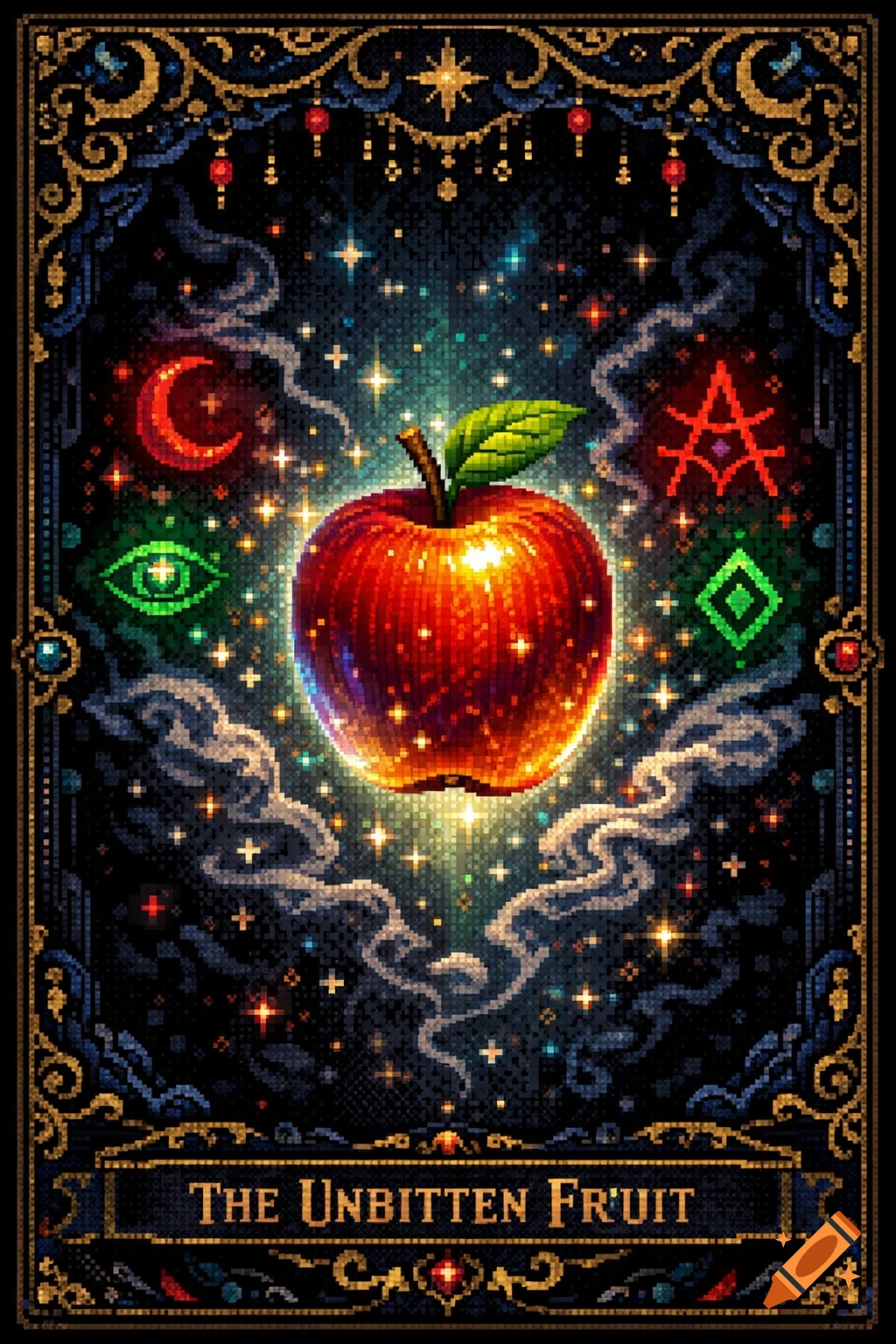 A pixel art tarot-style card featuring a glowing red apple surrounded by mystical symbols and stars, with an ornate gold and blue border. Text reads 'THE UNBITTEN FRUIT'.