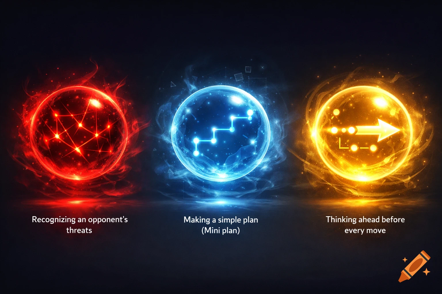 Three glowing orbs - red, blue, and gold - each with abstract symbols and text describing strategic thinking on a dark background.