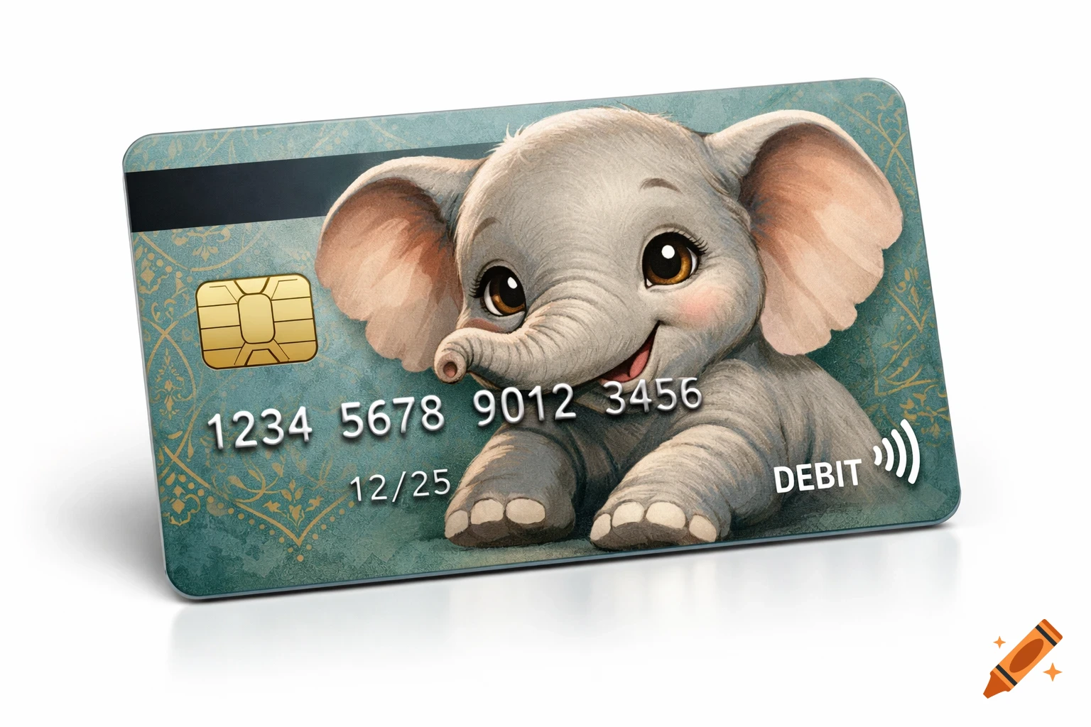 A teal debit card featuring a smiling, cartoon baby elephant and gold chip.