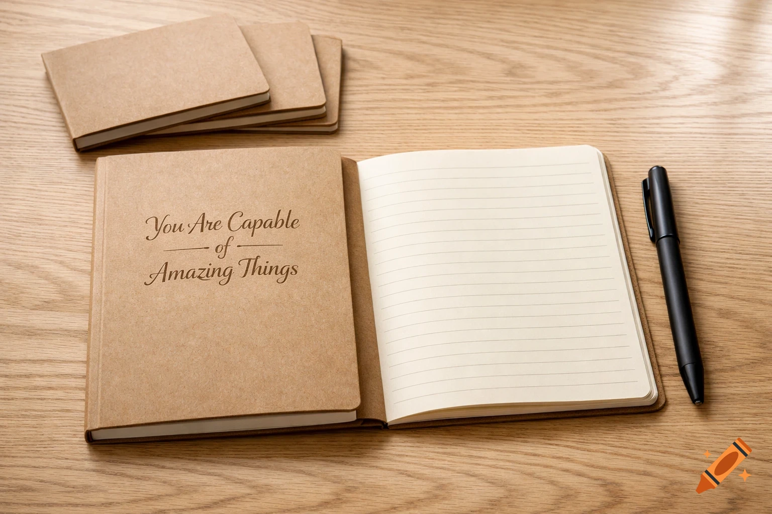 Flat lay of an open kraft paper notebook with 'You Are Capable of Amazing Things' on the cover, a black pen, and stacked notebooks on a light wood table.