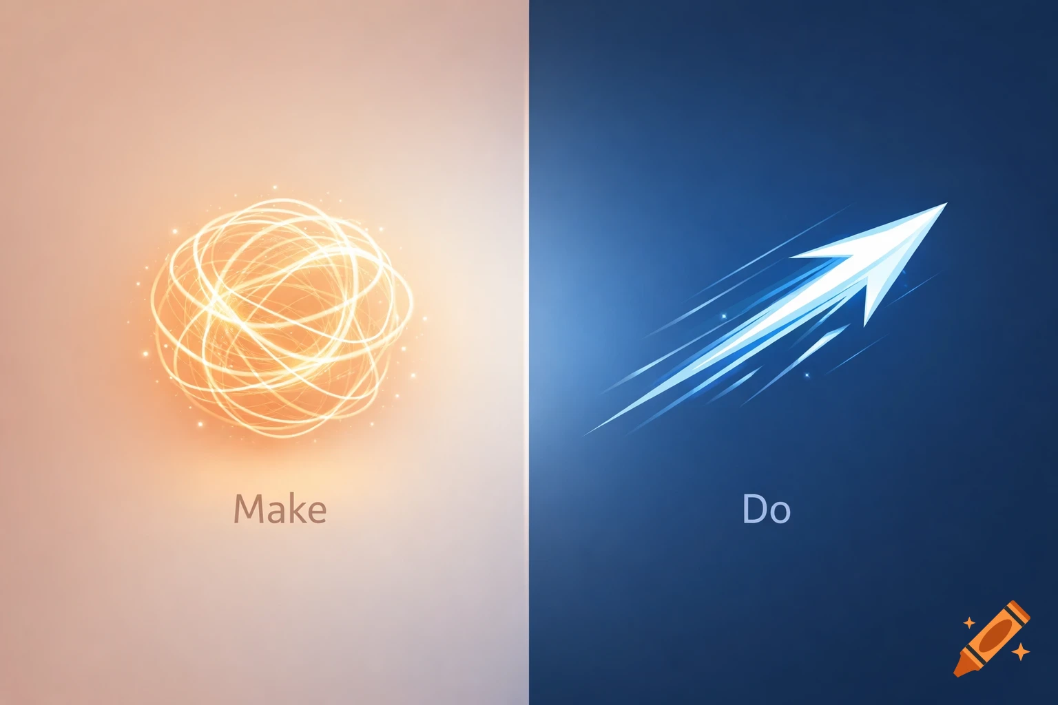 A split image with "Make" above an orange glowing sphere on the left and "Do" above a blue glowing arrow on the right.