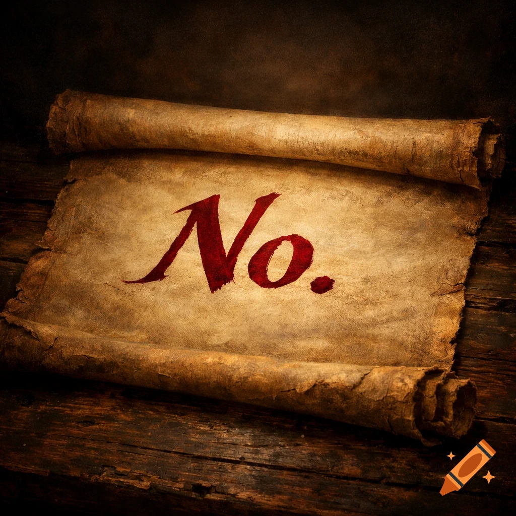 An aged parchment scroll unrolled on a wooden surface, displaying the word 'No.' in prominent red script.