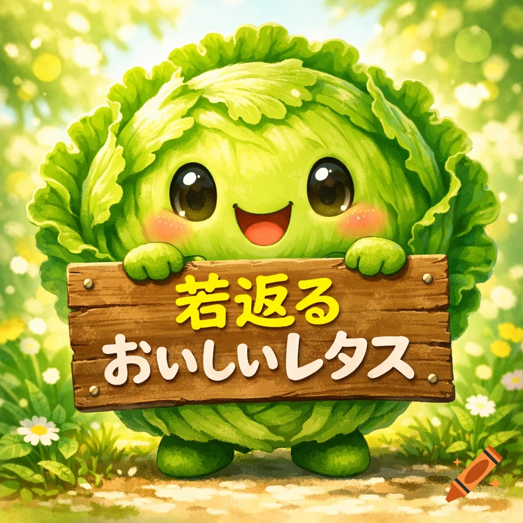 A cute, smiling cartoon lettuce character holds a wooden sign with Japanese text against a bright, blurry green background with white flowers.