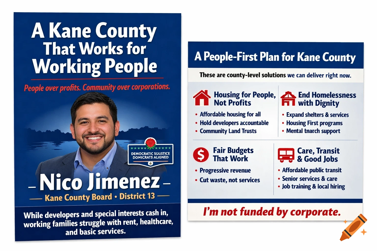 A double-sided political campaign mailer for Nico Jimenez, a candidate for Kane County Board. It features his smiling photo and a plan for the county.