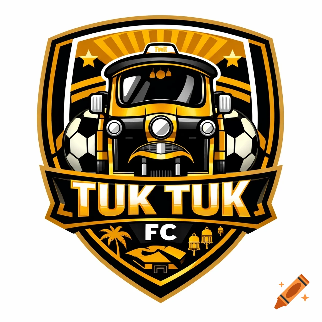 Black and gold shield-shaped logo for Tuk Tuk FC, featuring a tuk-tuk, two soccer balls, stars, a palm tree, and lanterns.