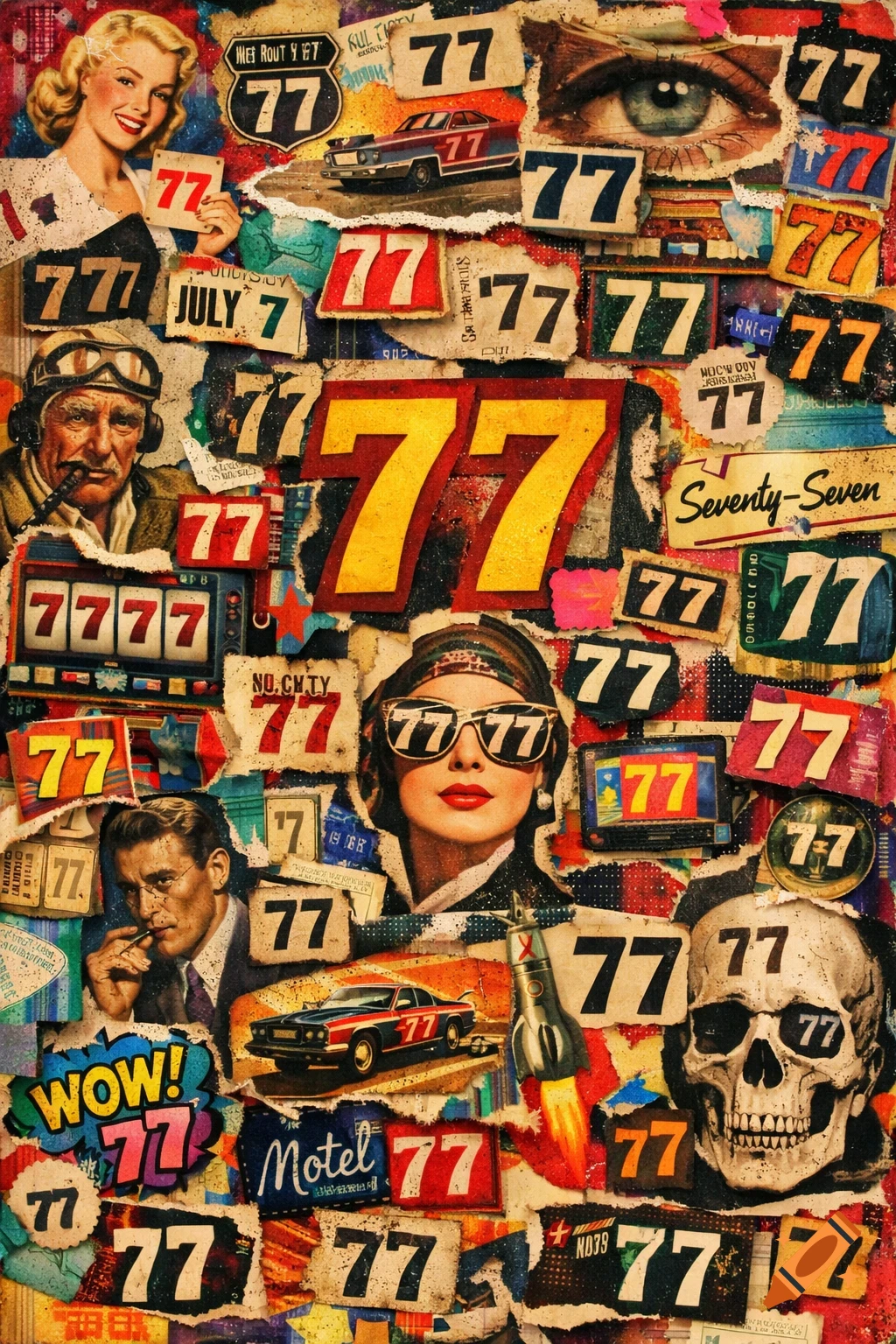 A vibrant retro-style collage featuring multiple instances of the number 77, along with various figures, a car, a slot machine, and a skull.