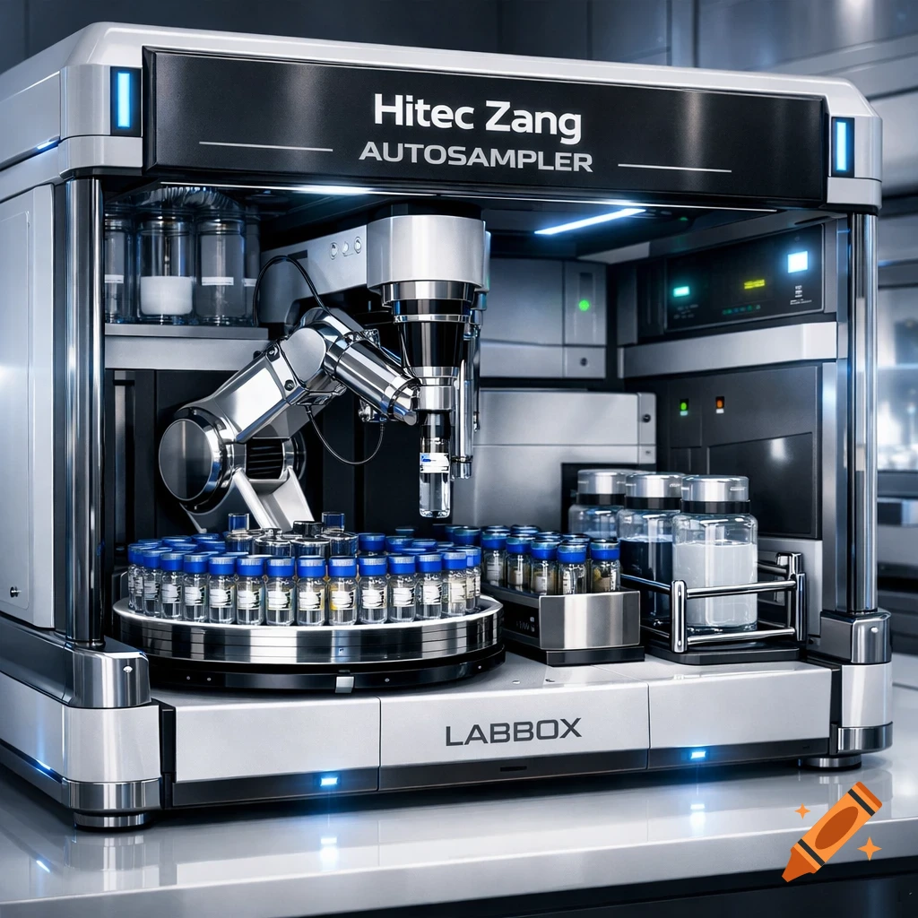 Photorealistic Hitec Zang autosampler with a robotic arm, vials, and containers, labeled "LABBOX" in a clean laboratory setting.
