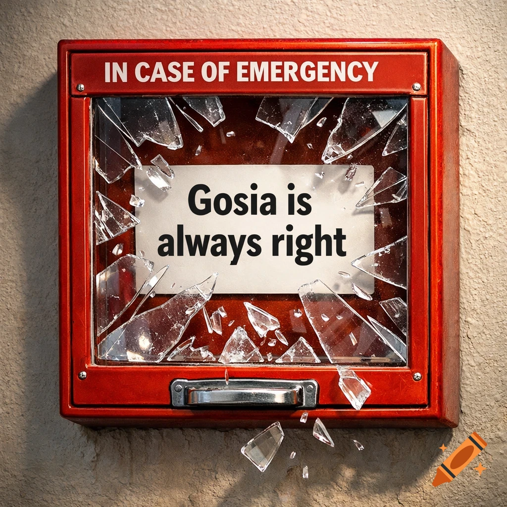 A red emergency break glass box on a textured wall has shattered glass, revealing a white card that reads 'Gosia is always right'.