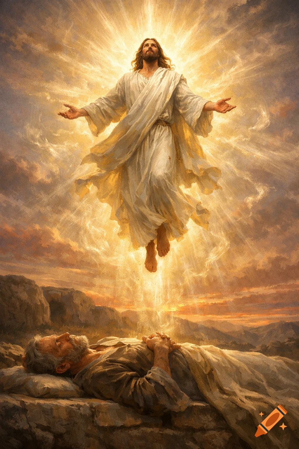 Jesus ascends surrounded by brilliant golden light, above an older man lying on rocks, in a dramatic painterly scene.