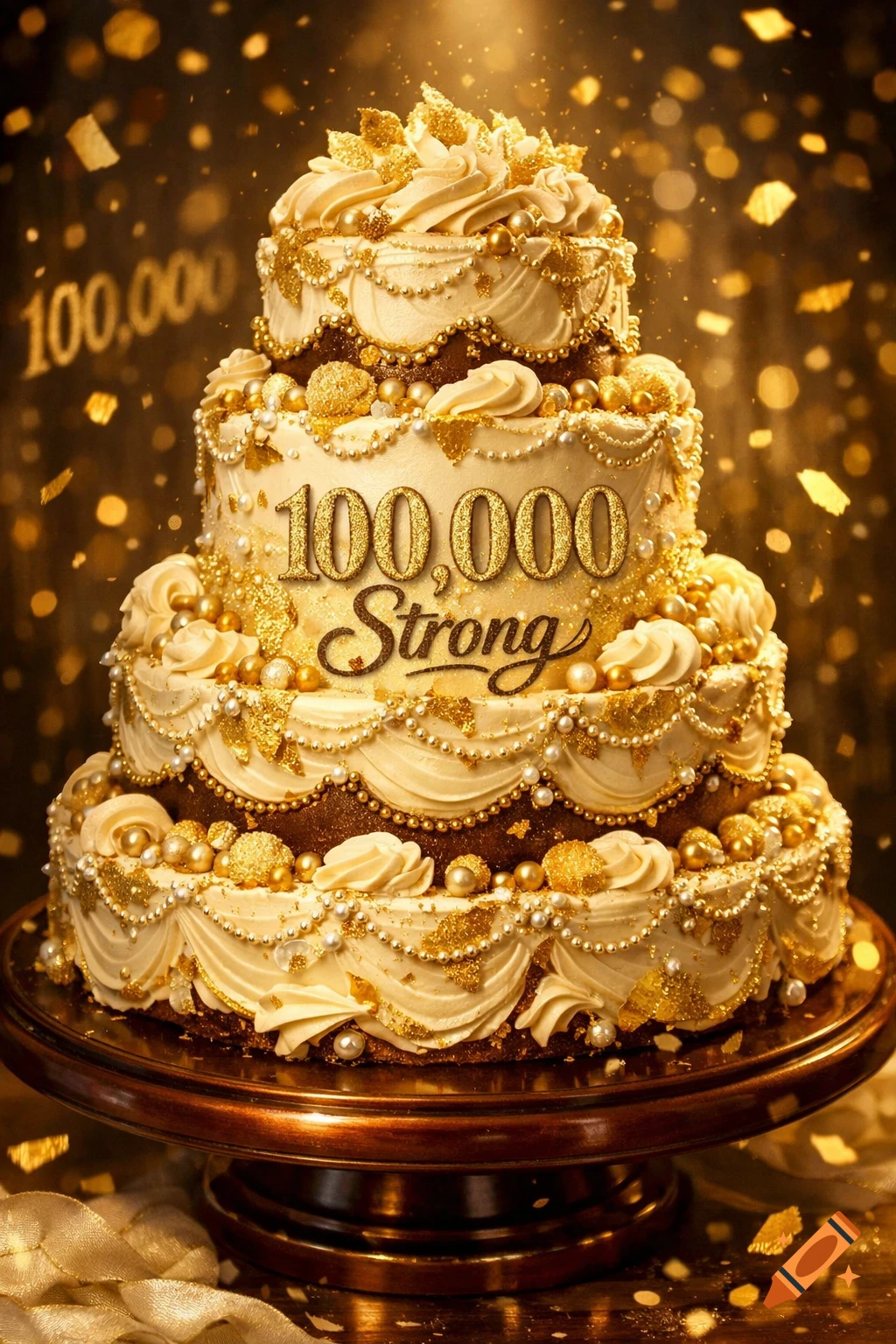 A three-tiered golden and white celebration cake with "100,000 Strong" written on it, surrounded by falling confetti.