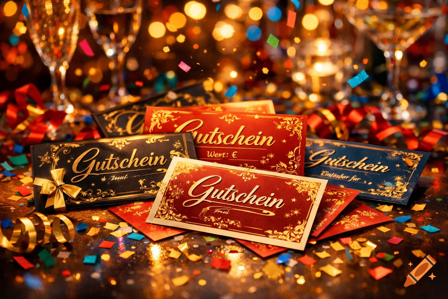 A close-up shot of multiple gift vouchers, confetti, and streamers scattered on a surface, with blurred champagne glasses and bokeh lights in the background.