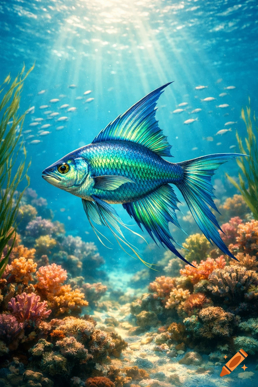 A vibrant, iridescent blue and green fish swims over a colorful coral reef in clear, sunlit blue water.