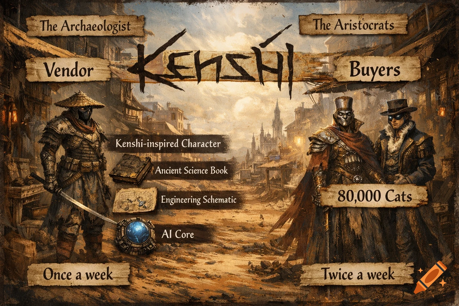 An elaborate game art piece featuring two armored characters, 'The Archaeologist' and 'The Aristocrats', with various items and text labels against a detailed cityscape background in a desaturated, gritty style.