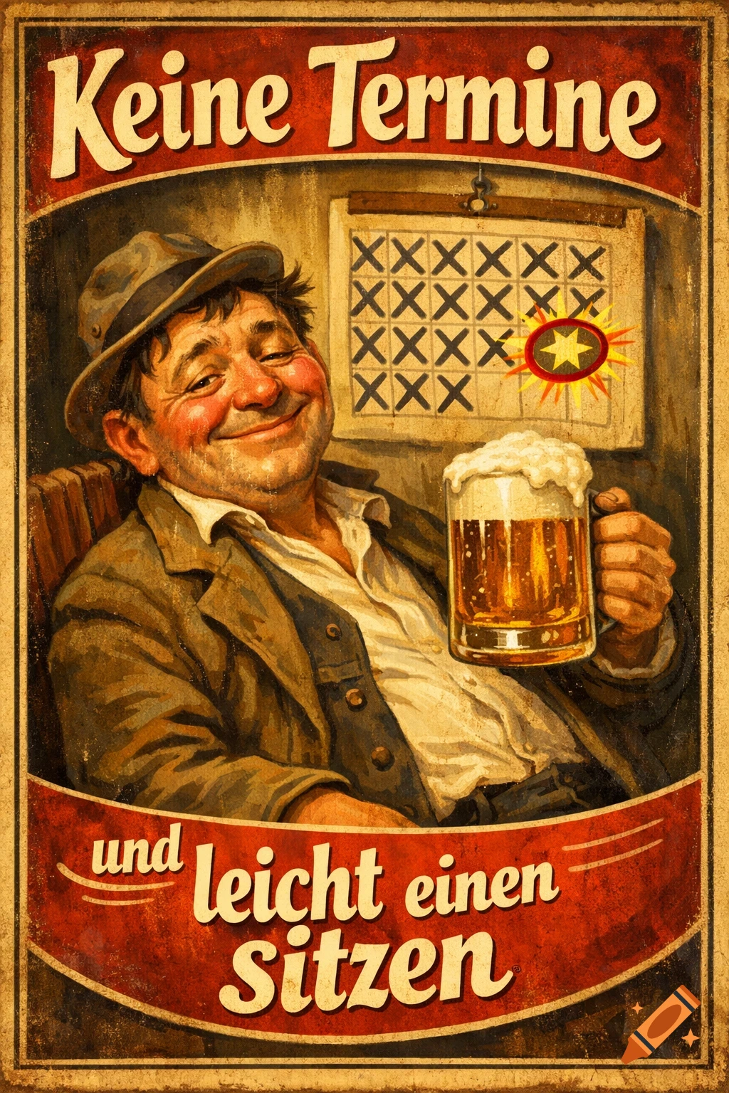 A smiling man with a hat holds a frothy beer mug. Behind him is a calendar with "X" marks. Text reads "Keine Termine und leicht einen Sitzen" in a vintage poster style.