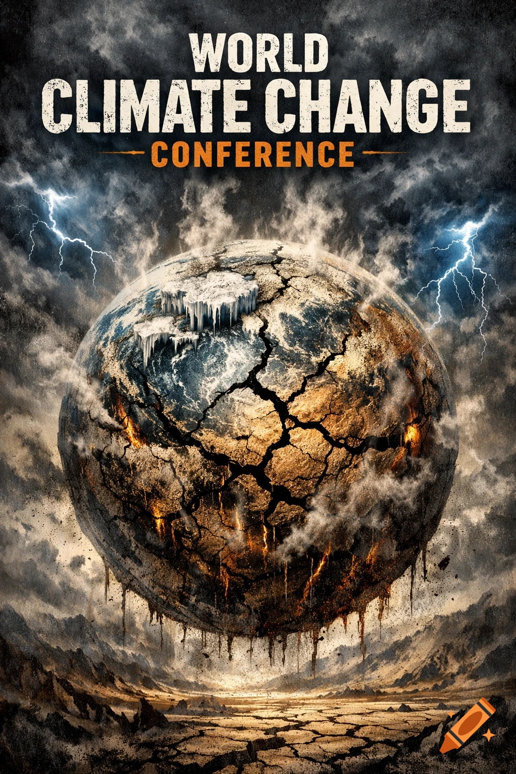 A dramatic poster showing a cracked, burning Earth with melting ice, stormy skies, and lightning. Text reads 'WORLD CLIMATE CHANGE CONFERENCE'.