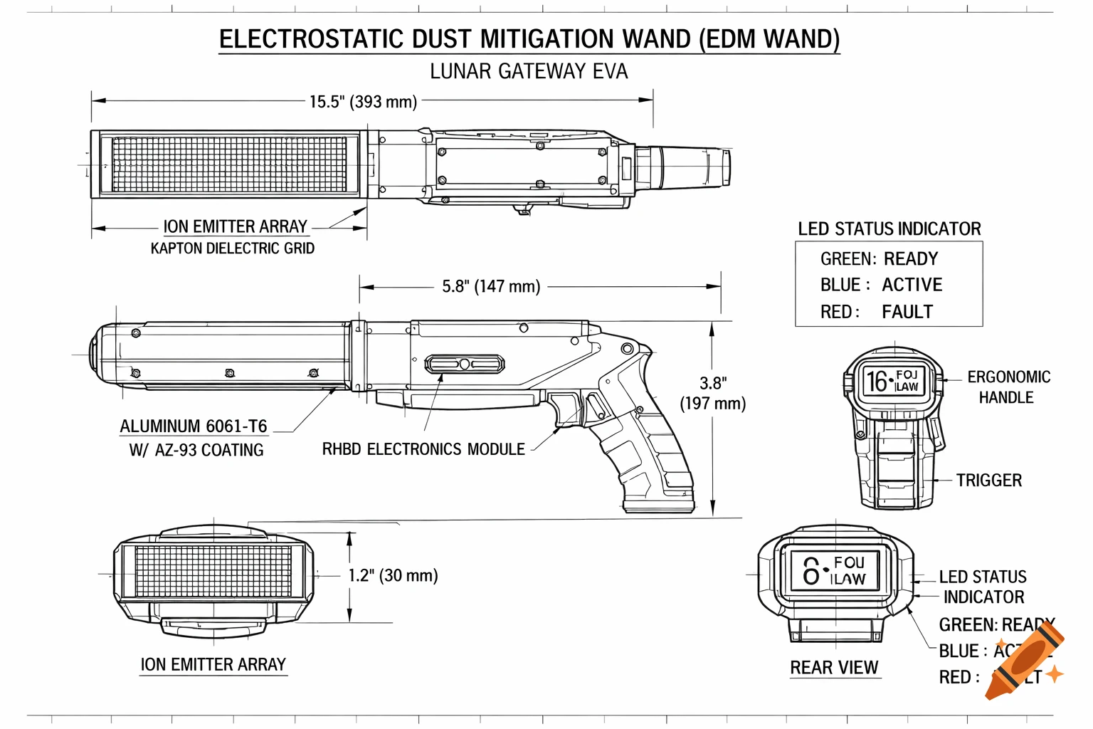 A technical blueprint drawing of a handheld Electrostatic Dust Mitigation Wand (EDM Wand) for lunar EVA, showing side, top, and rear views with dimensions and labeled components.