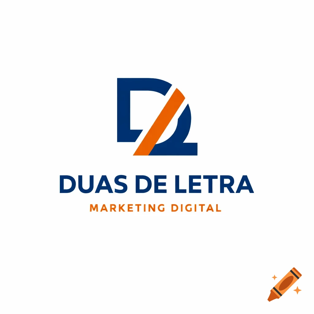 Modern minimalist logo with a stylized blue 'DL' intersected by an orange line, text 'DUAS DE LETRA MARKETING DIGITAL' below it.
