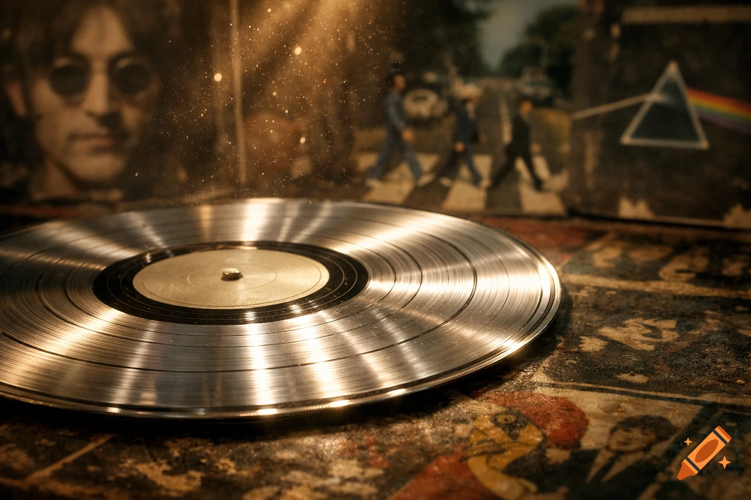 A shiny silver vinyl record in the foreground, with blurred famous album covers including John Lennon, Abbey Road, and The Dark Side of the Moon in the background, amidst glowing dust particles.