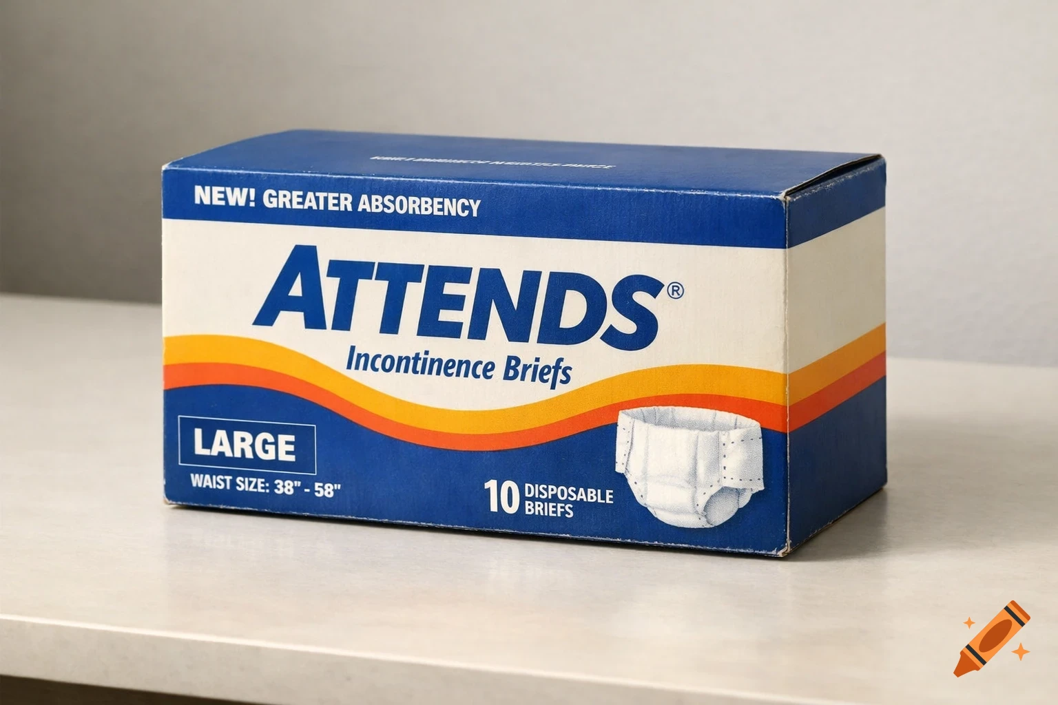 A vintage blue and white box of Attends Incontinence Briefs, size Large, sitting on an off-white table.