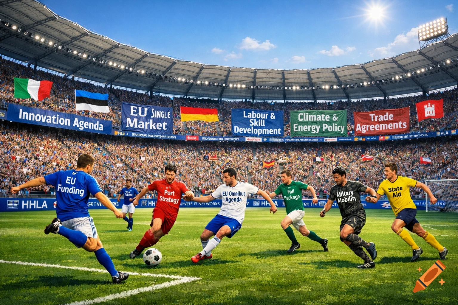 A photorealistic image of a soccer match in a stadium filled with spectators, with large banners displaying topics like "Innovation Agenda" and "EU Single Market." Players wear jerseys with text such as "EU Funding" and "Military Mobility."