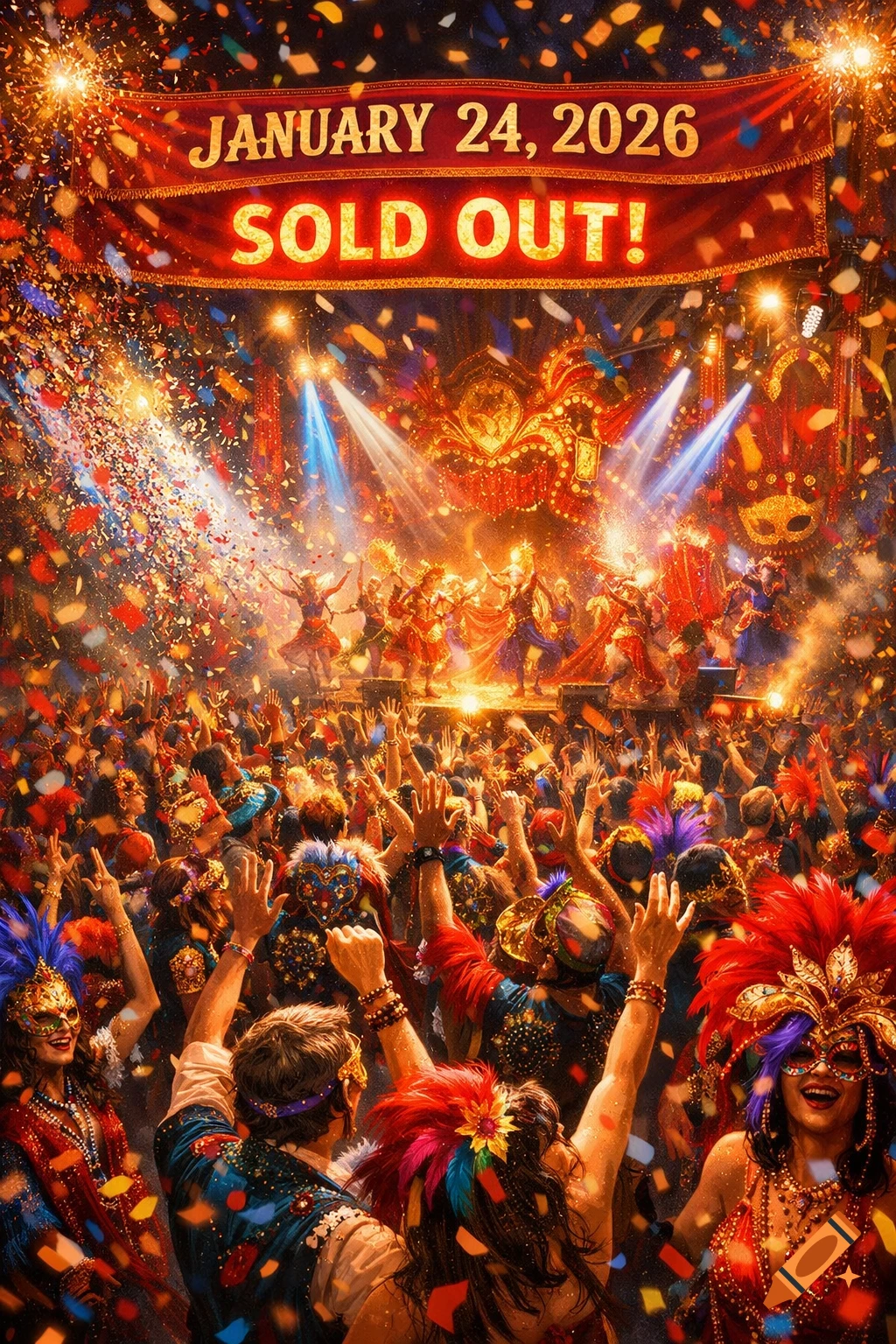 A vibrant carnival advertisement for a sold-out event on January 24, 2026, showing a cheering crowd and performers under confetti.