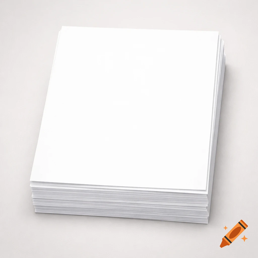 A neat stack of white blank papers on a light grey surface.