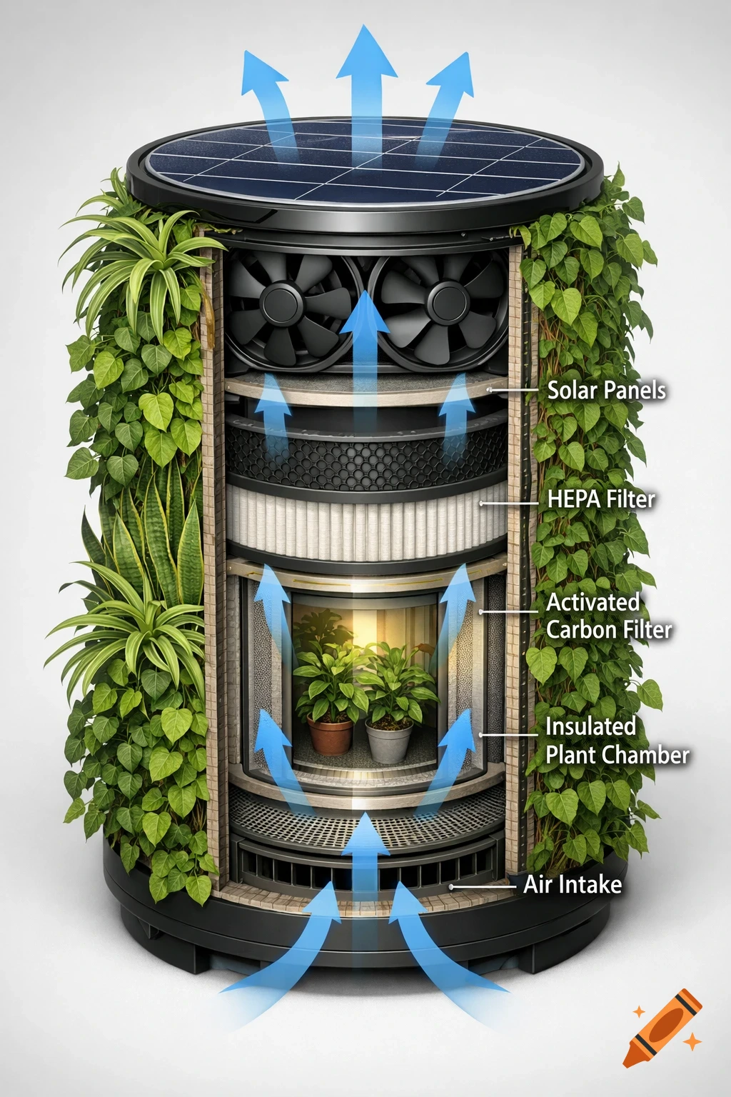 Photorealistic 3D cutaway diagram of a cylindrical air purification system with outer live plants, internal filters, fans, solar panels, and indicated airflow.