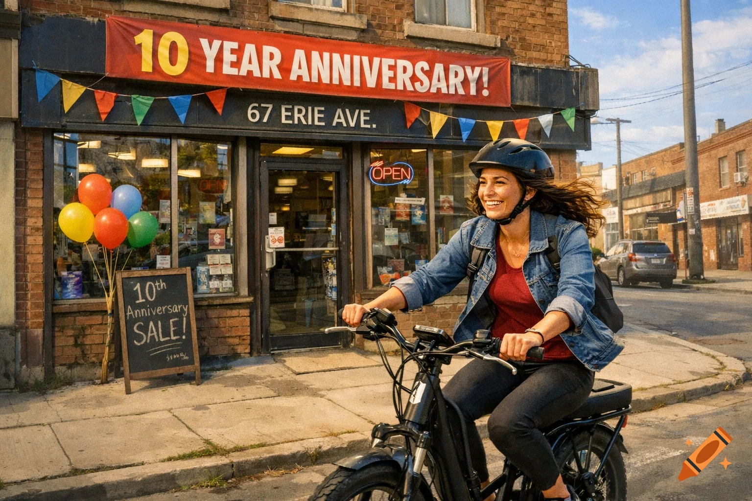 A smiling woman in a helmet and denim jacket rides an ebike past a brick storefront with a '10 YEAR ANNIVERSARY!' banner and balloons.