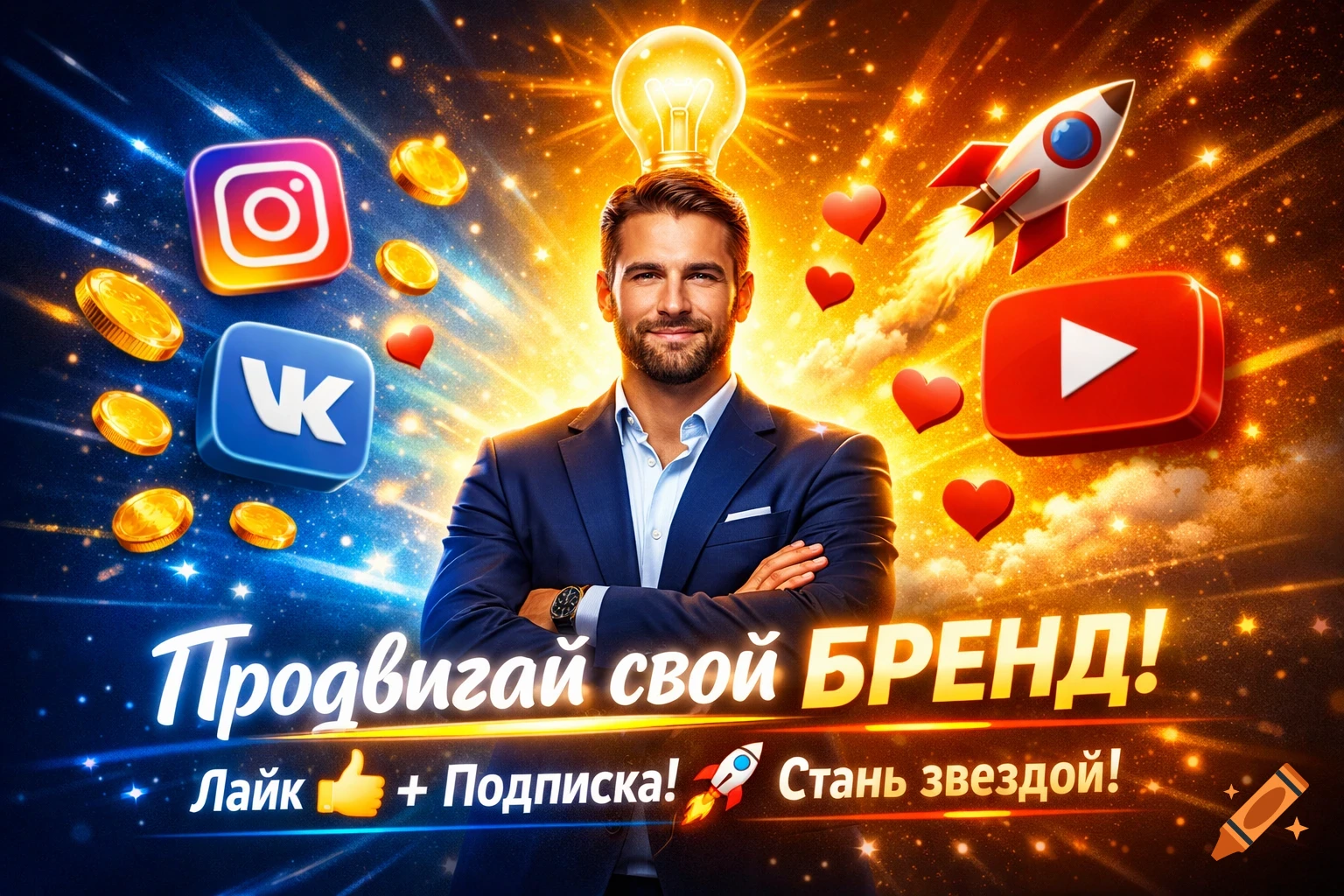 A confident man with a lightbulb above his head, surrounded by social media icons, coins, rockets, and hearts on a glowing blue and gold background. Text reads "Promote your BRAND! Like + Subscribe! Become a star!"