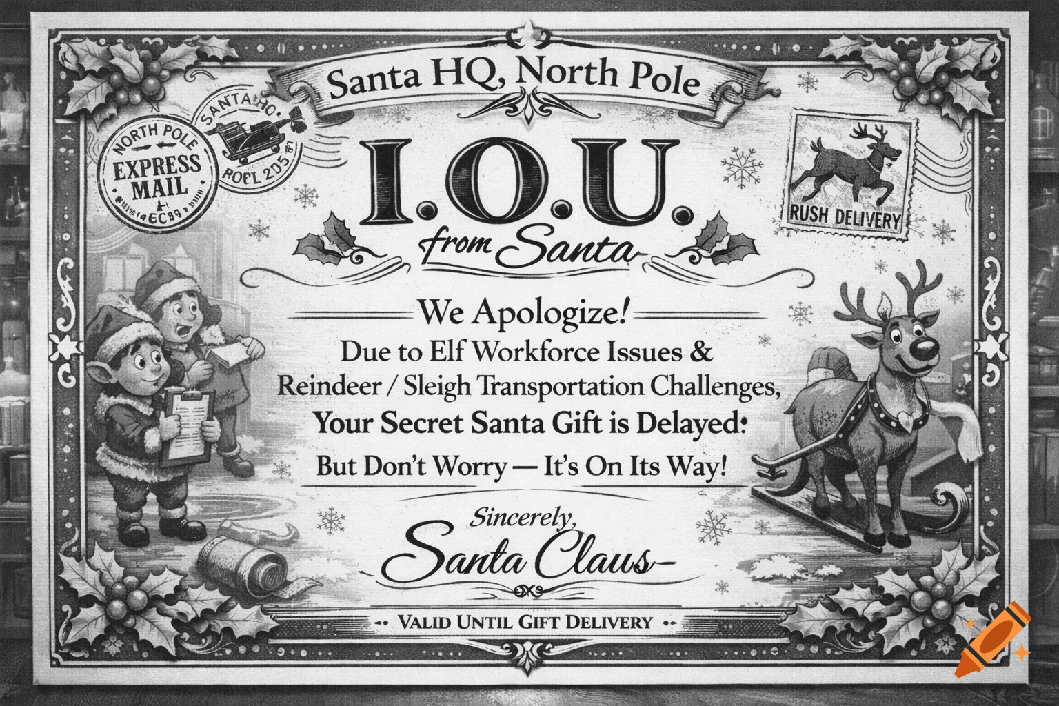 A greyscale IOU from Santa for a delayed Secret Santa gift, featuring elves and a reindeer pulling a sleigh, in a decorative Christmas-themed border.