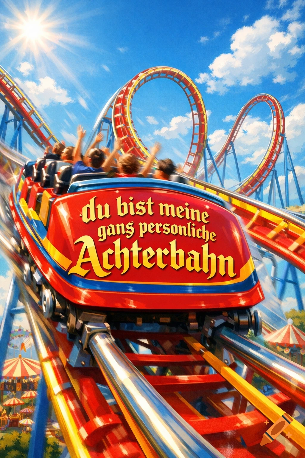 A vibrant illustration of a red roller coaster car with passengers, speeding down tracks with loops under a bright blue sky, with the text "du bist meine ganz persönliche Achterbahn" on its front.