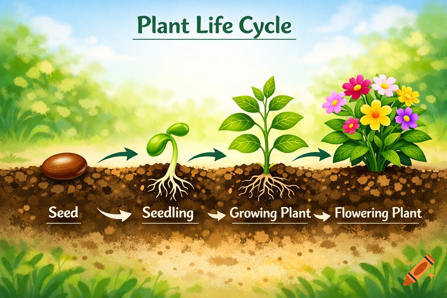 Illustration of a plant life cycle: seed, seedling, growing plant, flowering plant, with arrows showing progression.