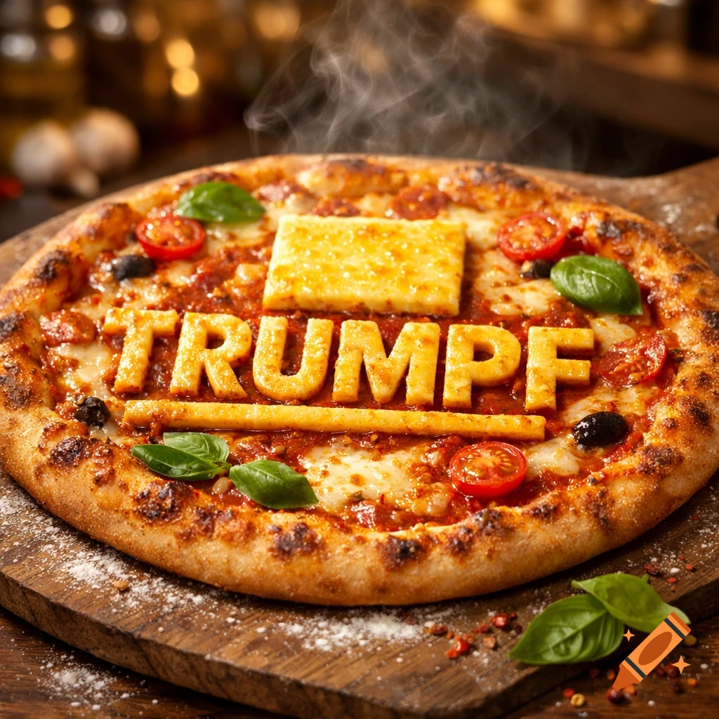 Photorealistic pizza with the word 'TRUMPF' spelled in cheese letters, topped with tomatoes, olives, and basil, steaming on a wooden board.