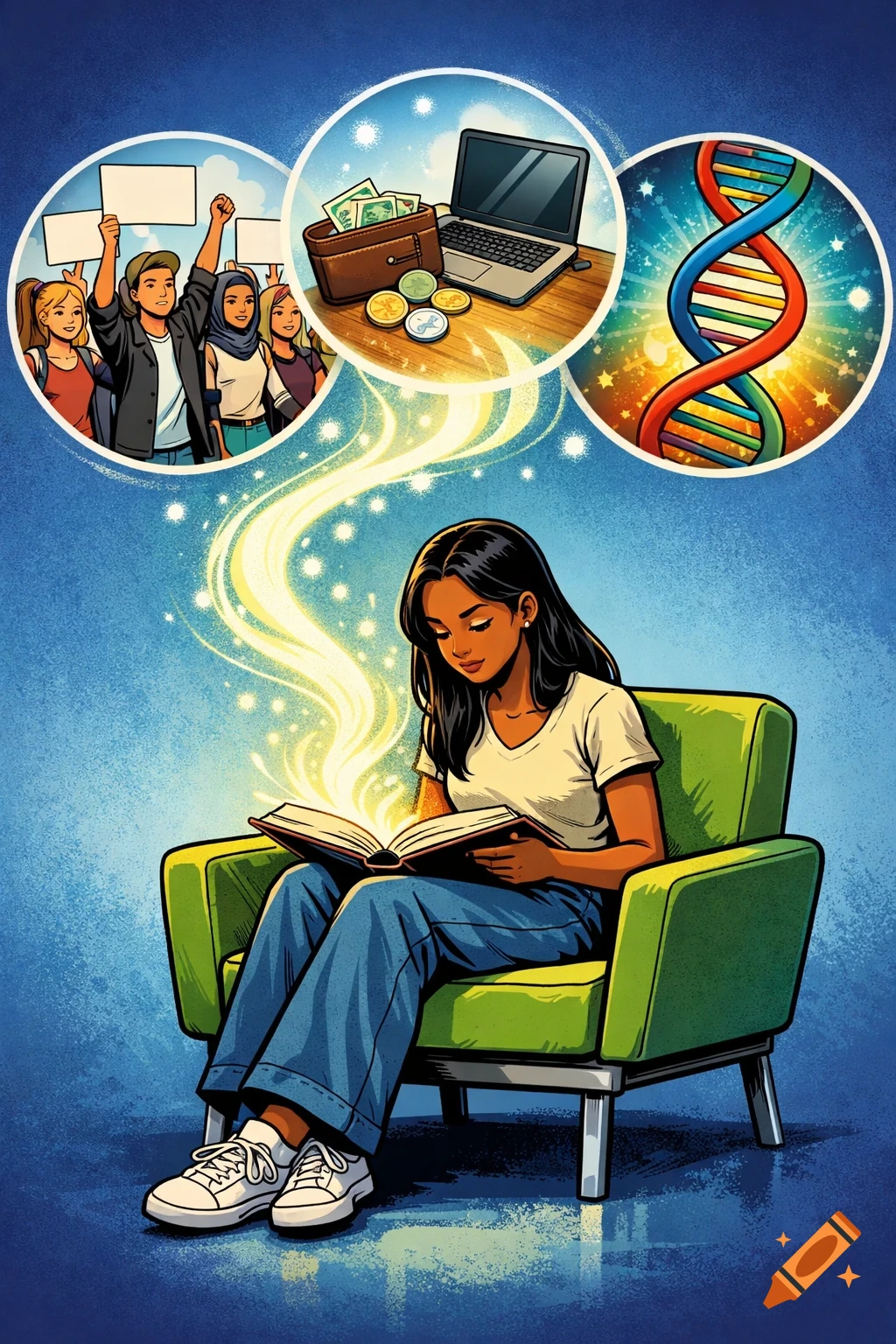 A graphic novel style illustration of a girl reading a glowing book, with thought bubbles showing students protesting, a laptop with money, and a DNA helix.