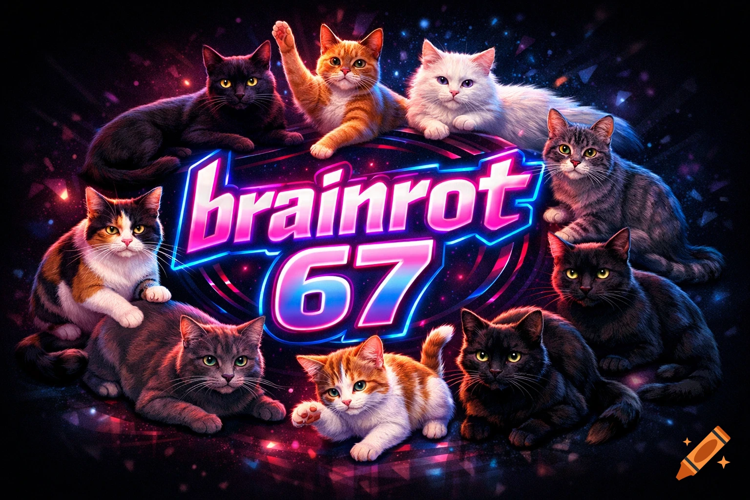 A vibrant neon "brainrot 67" logo surrounded by nine diverse cats, including black, white, and tabbies, against a cosmic background.
