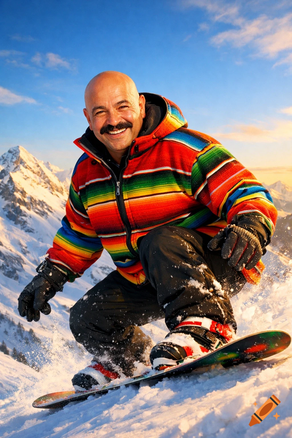 Smiling bald man with a mustache in a colorful striped jacket snowboarding down a snowy mountain.