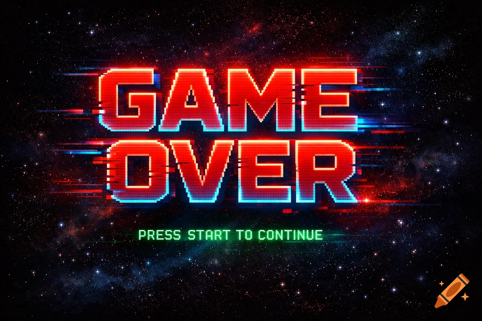 A pixelated "GAME OVER" screen with neon red text and blue glitch effects, set against a starry space background, displaying "PRESS START TO CONTINUE" in green.