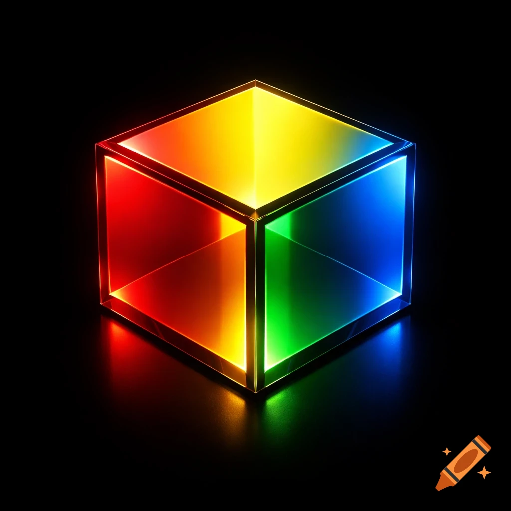 A glowing 3D cube with faces in red, orange, yellow, green, and blue, set against a dark background in a sharp, digital style.
