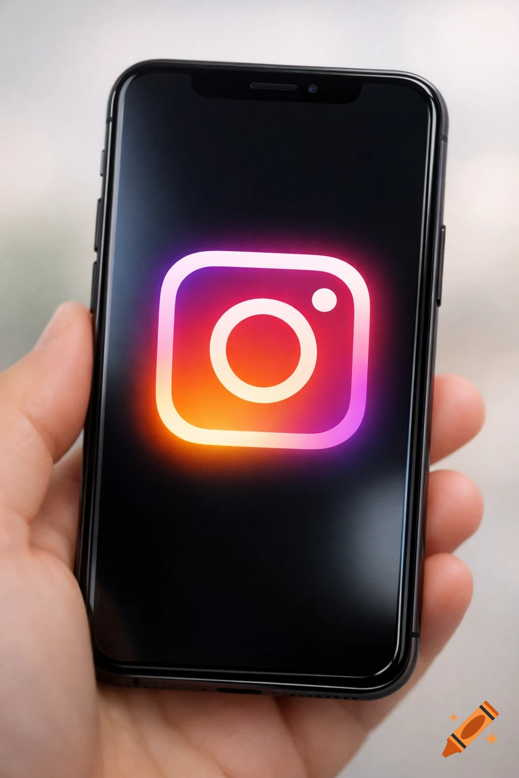A hand holds a black smartphone displaying the glowing, colorful Instagram logo on its screen.