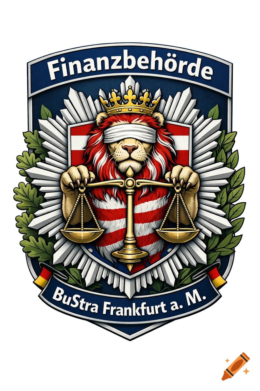 A blue, white, and red emblem features a blindfolded, crowned lion holding scales of justice, with 'Finanzbehörde' above and 'BuStra Frankfurt a. M.' below.