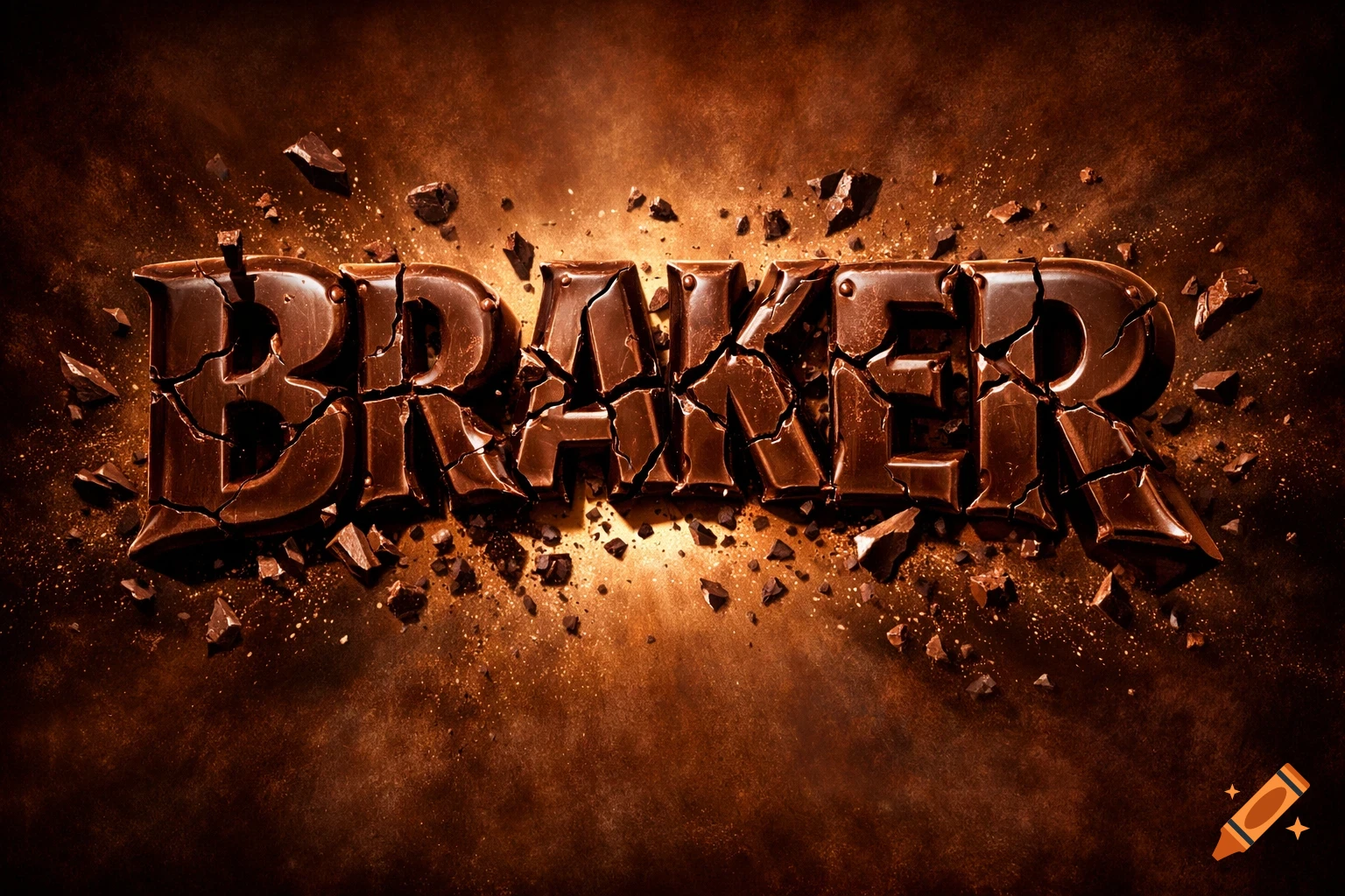 Photorealistic image of the word "BRAKER" rendered in dark chocolate, breaking apart with scattered chocolate shards and powder on a rich brown background.