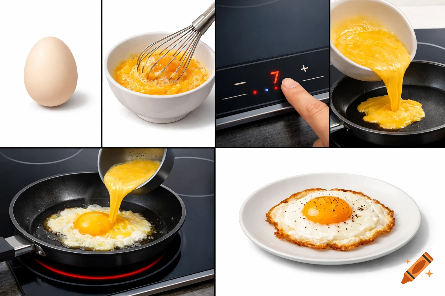 A six-panel collage illustrates the steps of cooking a fried egg: a whole egg, whisking eggs in a bowl, setting an induction cooktop to '7', pouring egg into a pan, frying the egg, and a finished fried egg on a white plate.