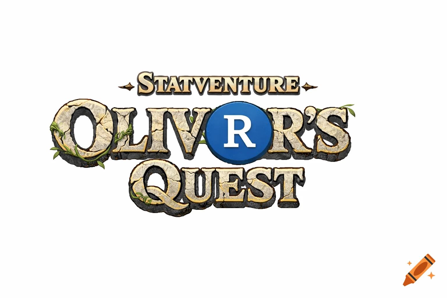 A fantasy game logo on a white background. The text reads "STATVENTURE OLIVER'S QUEST" with stone and gold-textured letters, adorned with moss and vines. The 'R' in OLIVER'S is a blue circle with a white 'R' inside.
