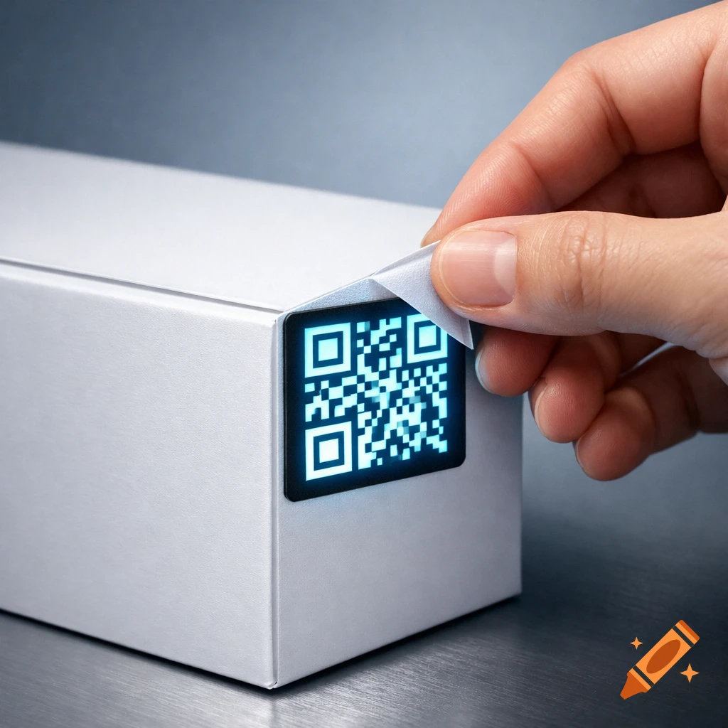A hand peels a glowing blue QR code label from a white box.
